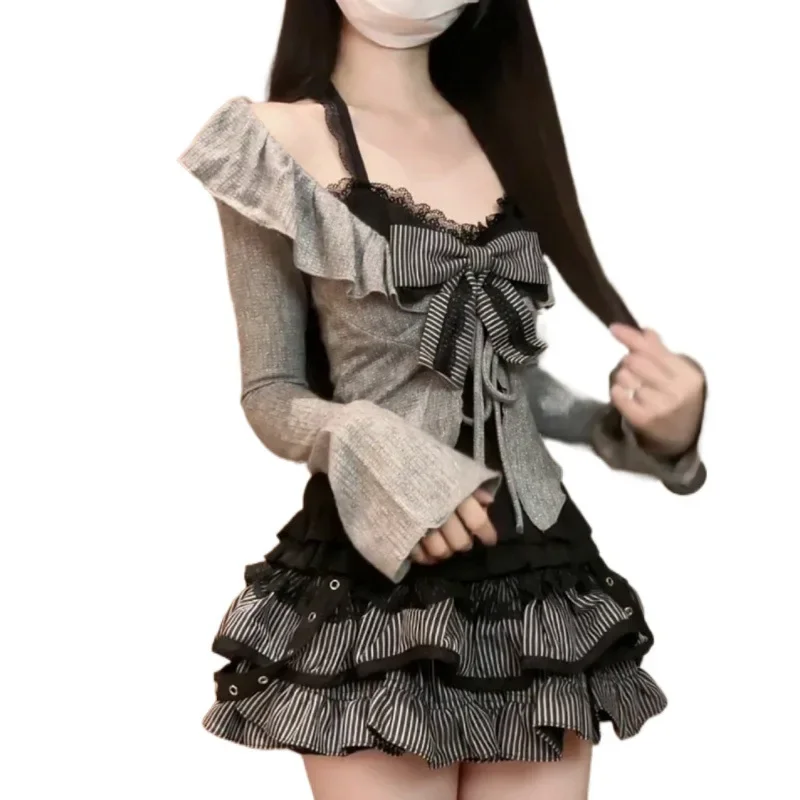 جديد وصول فتاة حار أسود الدانتيل حزام رمادي سترة مشغولة من الصوف أعلى تنورة قصيرة ثلاث قطع مجموعة كعكة تنورة أزياء المرأة