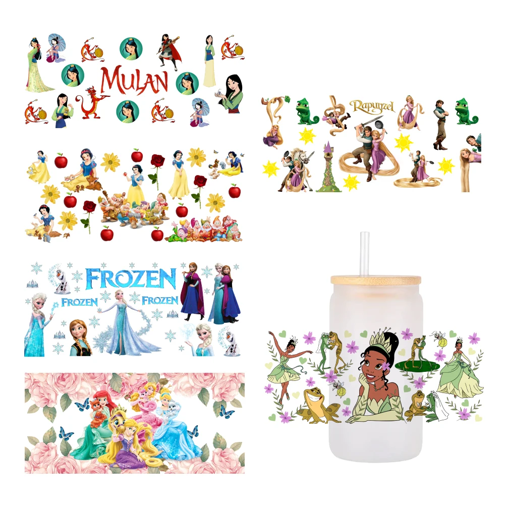 Princesa da Disney-adesivos de transferência uv dtf, 16oz, impermeável, adesivo permanente, para copo, vidro, cerveja, lata, copo