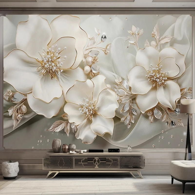 

3D Wallpaper Light Luxury Beautiful Jewelry Flower Relief Photo Wall Murals Living Room TV Sofa Bedroom Home Decor Background