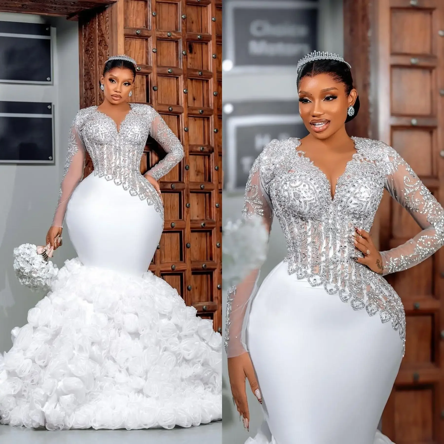 

Customized Plus Size Mermaid Wedding Dresses V Neck Long Sleeve Crystal Beading Bridal Gowns Customized Cascading Ruffles Bride