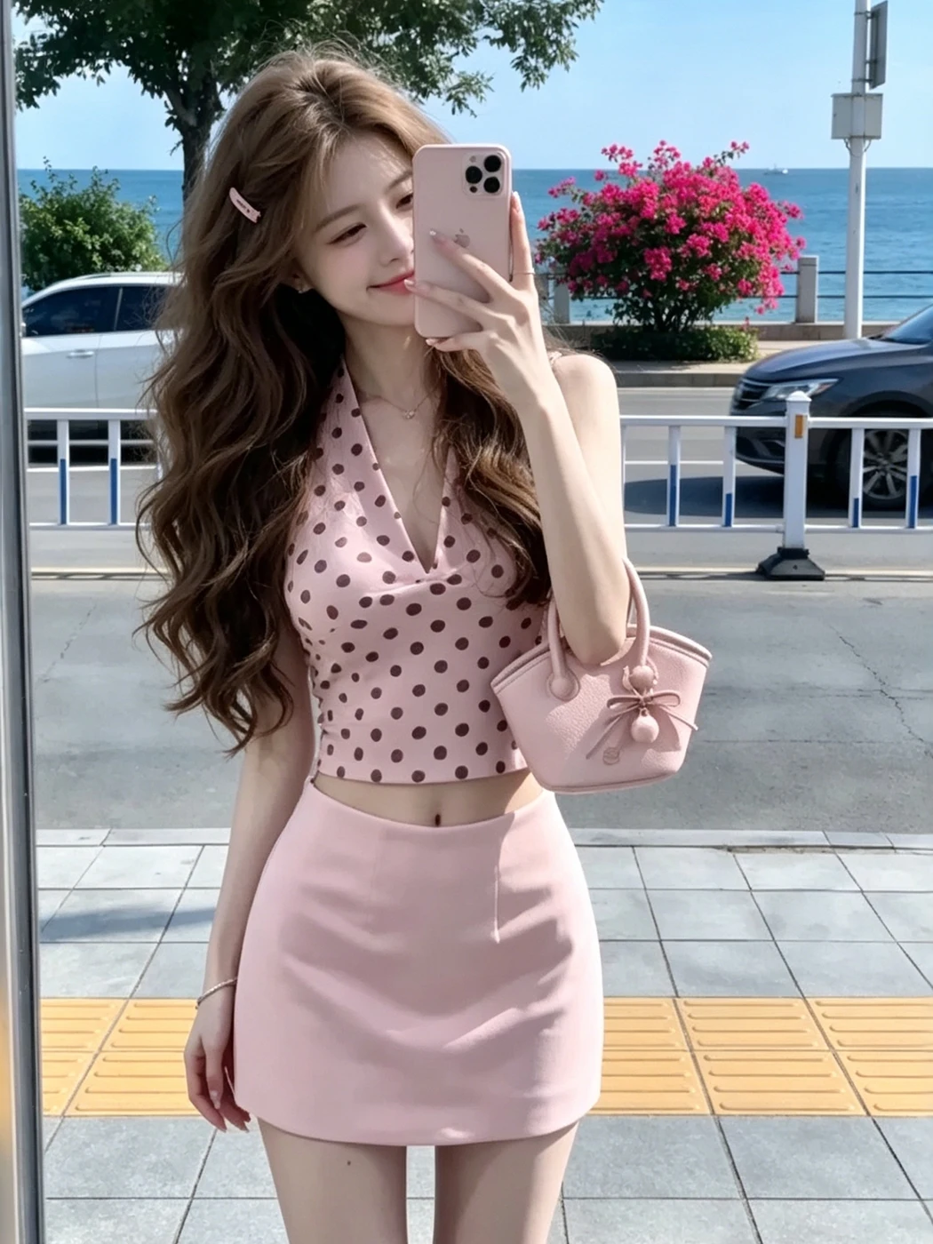 

Pink Polka Dot V-Neck Hanging Neck Top And Bodycon Skirt Women's Summer New Pure Desire Slimming Two-Piece Set Fashionable En...