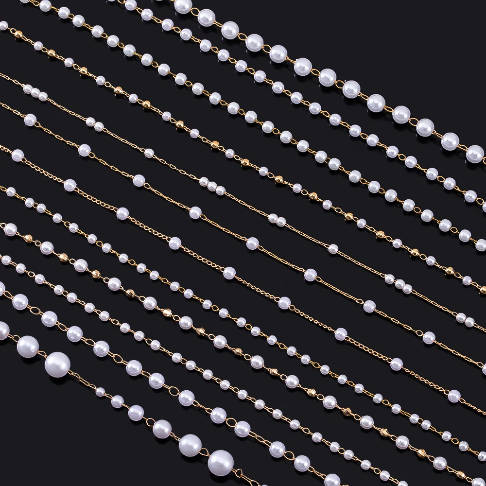 1M Stylish Multi-Style Copper Metal Chain Imitation Pearls Beads Gold Color Chain For DIY Necklace Bracelet Handbag chain Making view 5