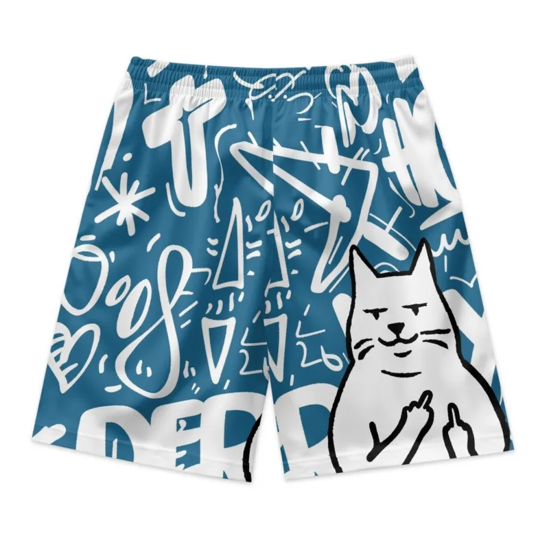 Men's Smiling Cat Print Drawstring Waist Shorts Quick Dry Breathable Polyester Sport Shorts Streetwear Clothing Bottoms