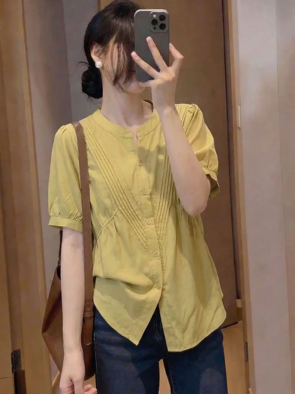 

Slimming Yellow Short Sleeve Shirt Women's Fashion Shoulder Length Cover Stomach Summer New plus Size Clothing Korean Style