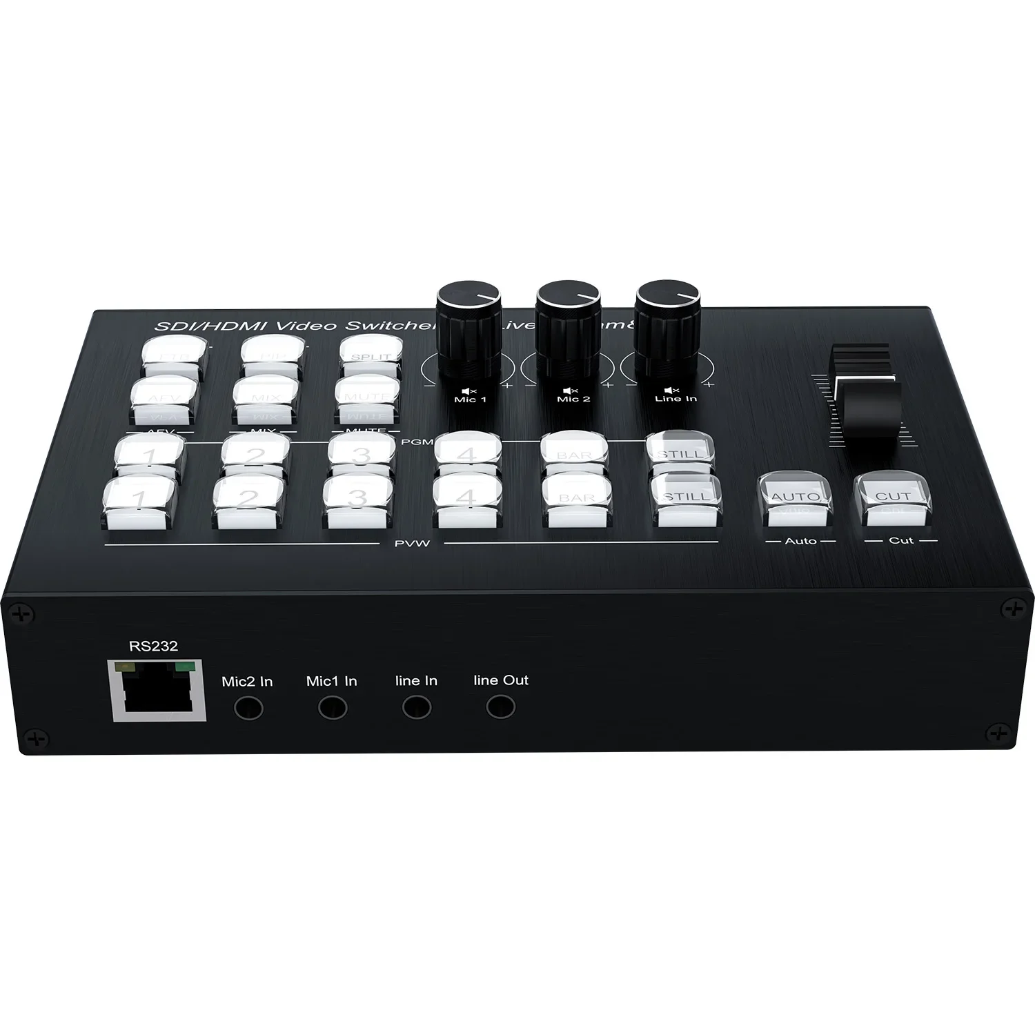 1080p60 SDI HDMI Video Switcher กล้องหลายสดสตรีมมิ่ง Station ไม่มีรอยต่อสวิทช์จับภาพวิดีโอ Mic Line in Out Audio Mix PIP