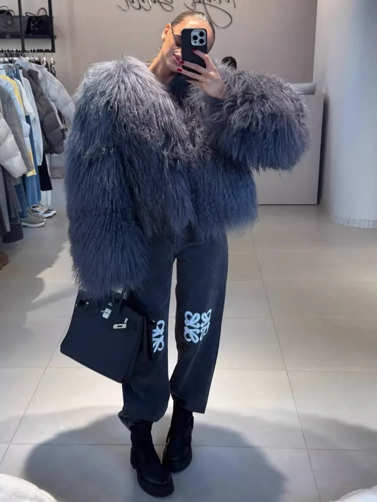 DFDG 2025 Women’s Spring Autumn Faux Fur Jacket Short Tan Lamb Cardigan Minimalist Casual Pile Coat Streetwear Warm Front Coat