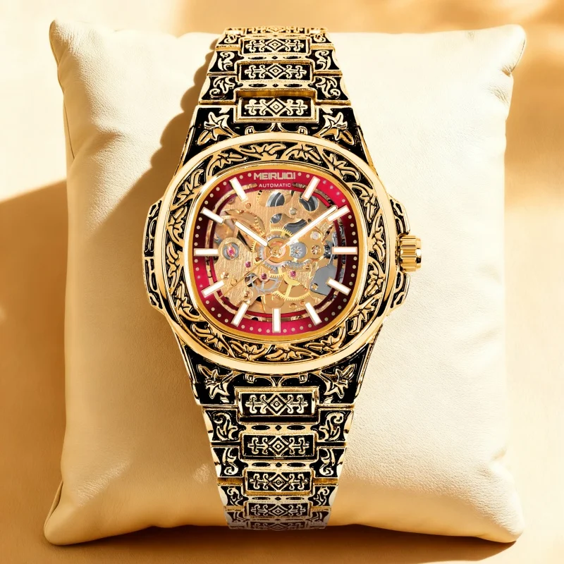 A men's yellow red fashionable high-end precision carved texture fully automatic stud mechanical watch