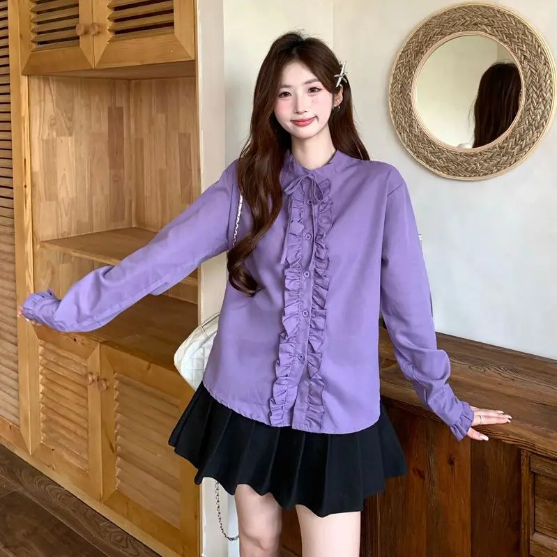 

Women's Long Sleeve Purple Shirt 2025 New Fashion Versatile Belted round Neck Lazy Style Top Coat Sweet Loose Fit Polyester F...