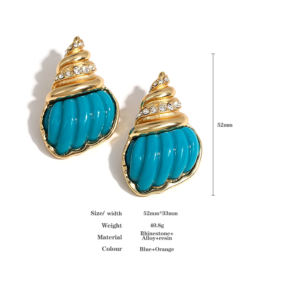 AENSOA Vintage Blue Resin Conch Shaped Drop Earrings for Women Gold Color Metal Rhinestone Shell Earring Vacation Party Jewelry