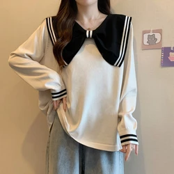 Spring Autumn New Navy Leader Long Sleeve Fashion Sweater Women High Street Casual Striped Pullovers Elegant Loose All-match Top