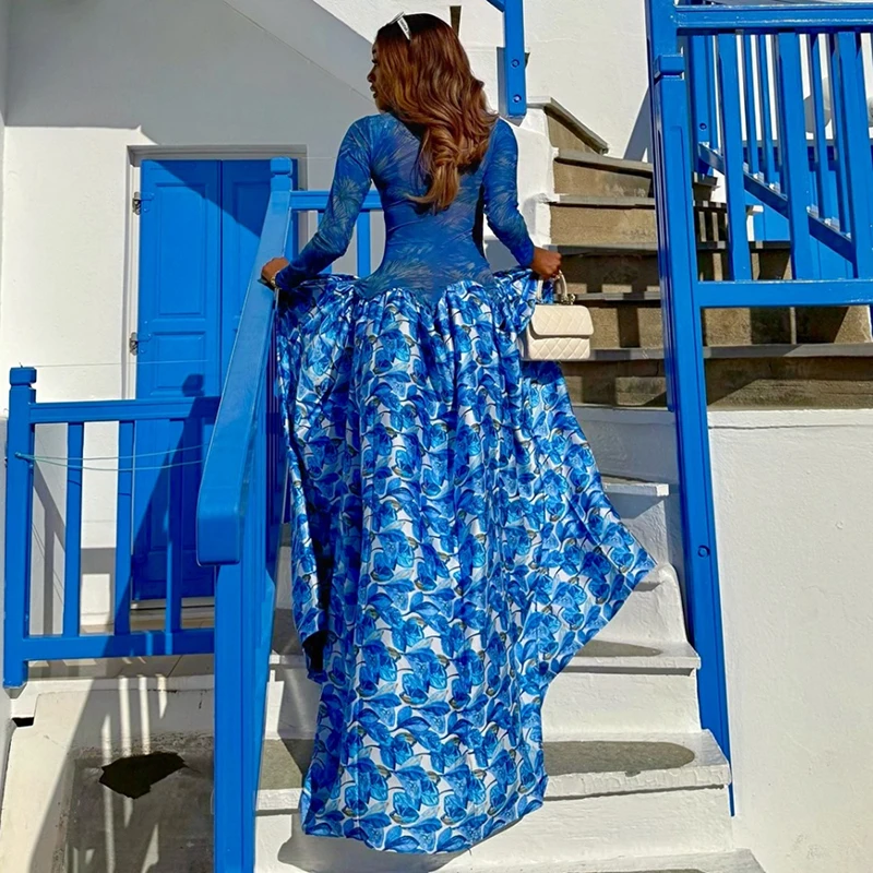 Vestido plisado informal con estampado Floral y cuello medio alto, novedad de otoño, vestido largo empalmado de manga larga para vacaciones, vestido bohe con temperamento para mujer