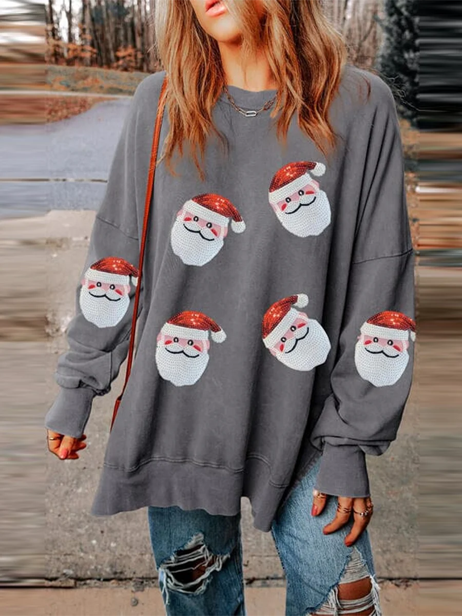 Nueva moda mujer Navidad sudaderas sueltas lentejuelas Santa cuello redondo manga larga jerseys Otoño Invierno Casual Tops S-XL