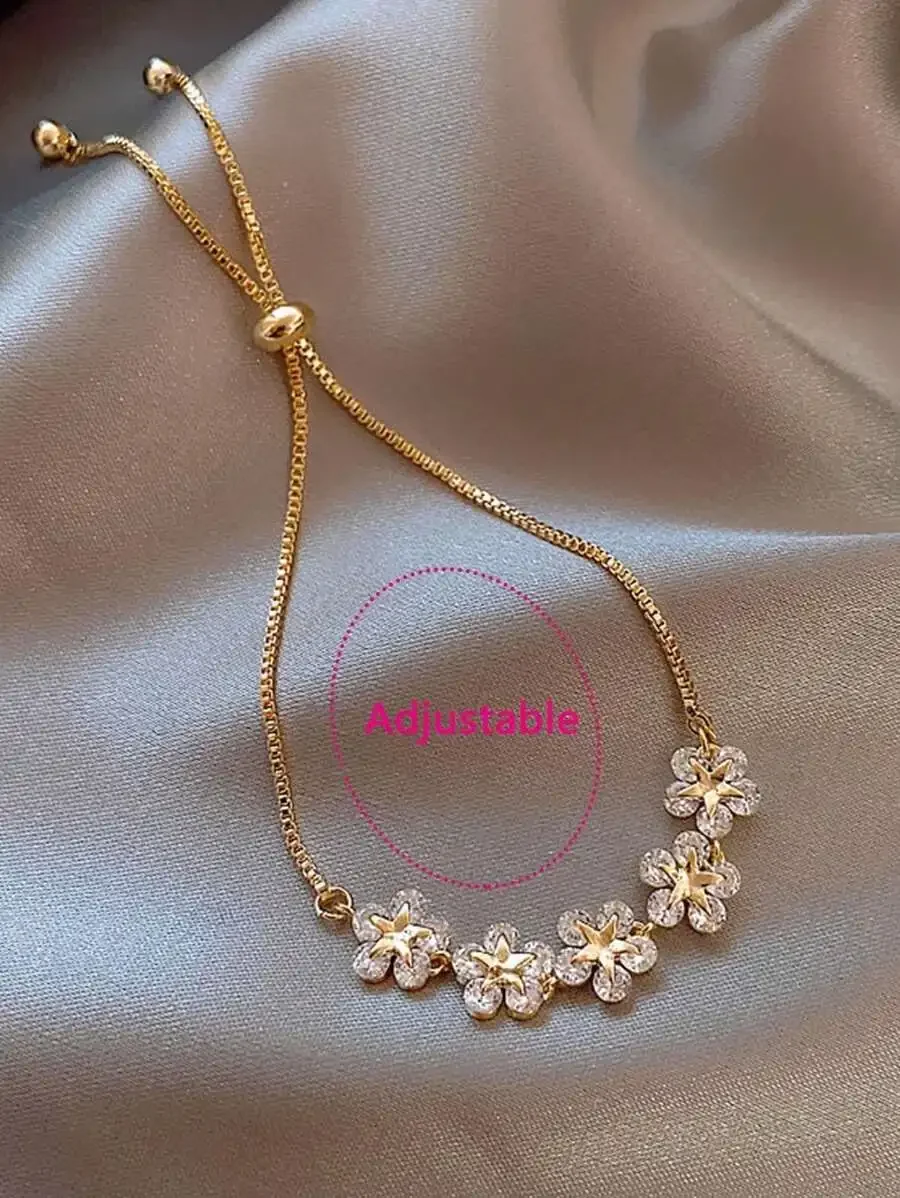 

Cubic Zirconia Floral Adjustable Chain Bracelet For Women