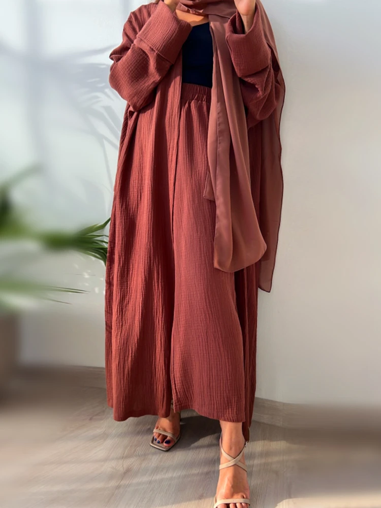 Muslim Women Abayas Two Piece Pants Suits Casual Dress Solid Long Sleeve Cardigan Abaya + Straight Leg Trousers Set Matching Set