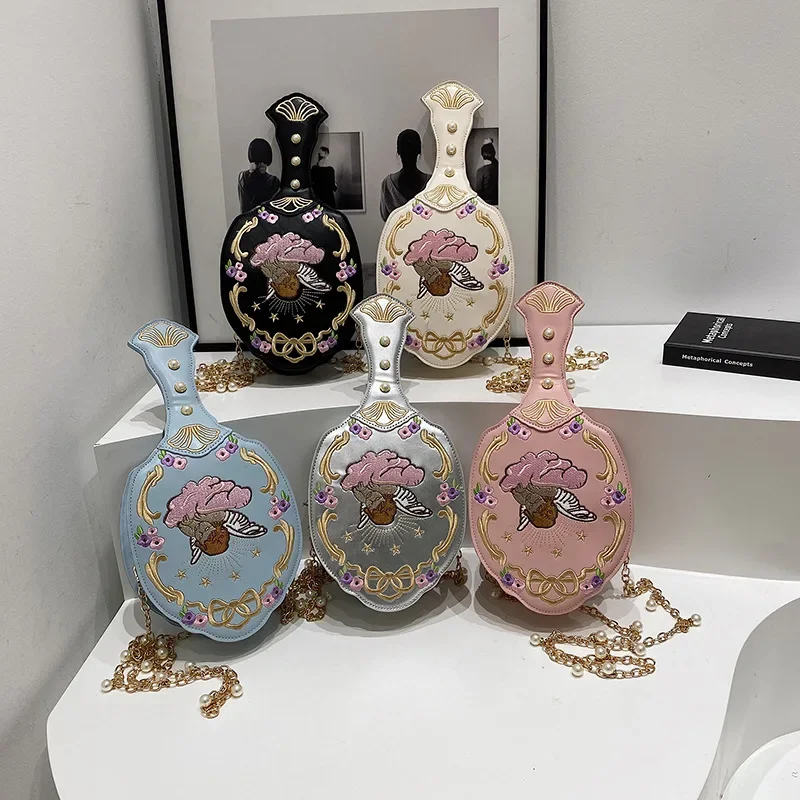 الإبداعية مرآة تصميم حقيبة كروسبودي للنساء اللؤلؤ سلاسل حقيبة كتف مضحك لطيف الملاك التطريز المحافظ الإناث الصغيرة 2025