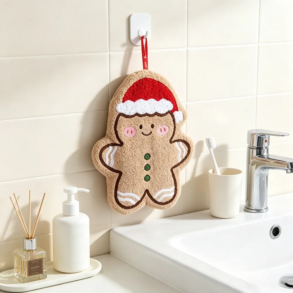Christmas Gingerbread Man Hanging Hand Towel, Cute Coral Fleece Absorbent Hand Wiping Towel, Decorative Kitchen Bathroom Towel, 1 Piece