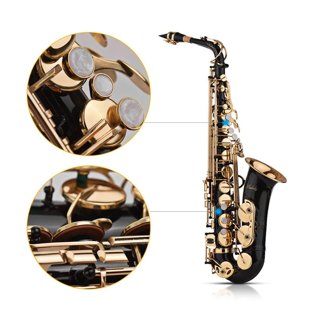 Eb Alto Saxophone Sax Brass Lacquered Gold 82Z Key Type Woodwind Instrument with Padded Carry Case Gloves Cleaning Cloth Brush S