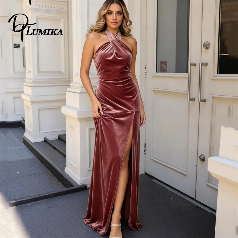 DTLumika Dusty Rose Sexy Halter Semi-Formal Dress, Engagement Party Dresses Sleeveless Tailored Women's Long Evening Gowns