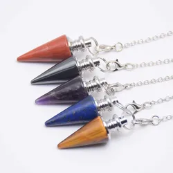 Natural Stone Amethysts Healing Pendulum for Dowsing Spiritual Divination Cone Crystal Conical Quartz Pendant Necklace Jewelry