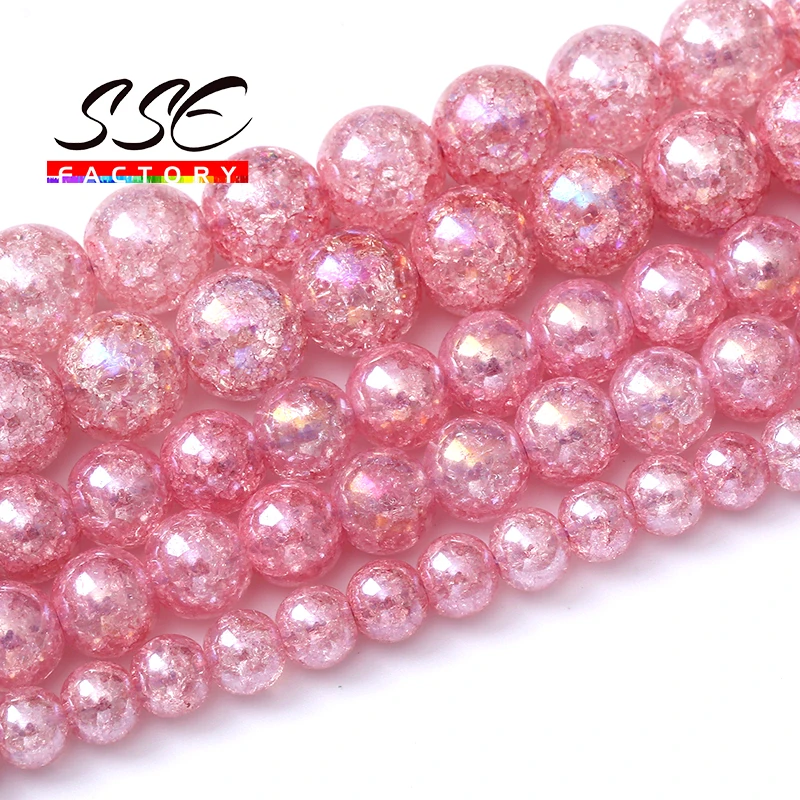 6 8 10mm Cherry Pink Snow Cracked Crystal Quartz Glass Beads  For Jewelry Making Round Loose Beads Diy Bracelet Necklace 15