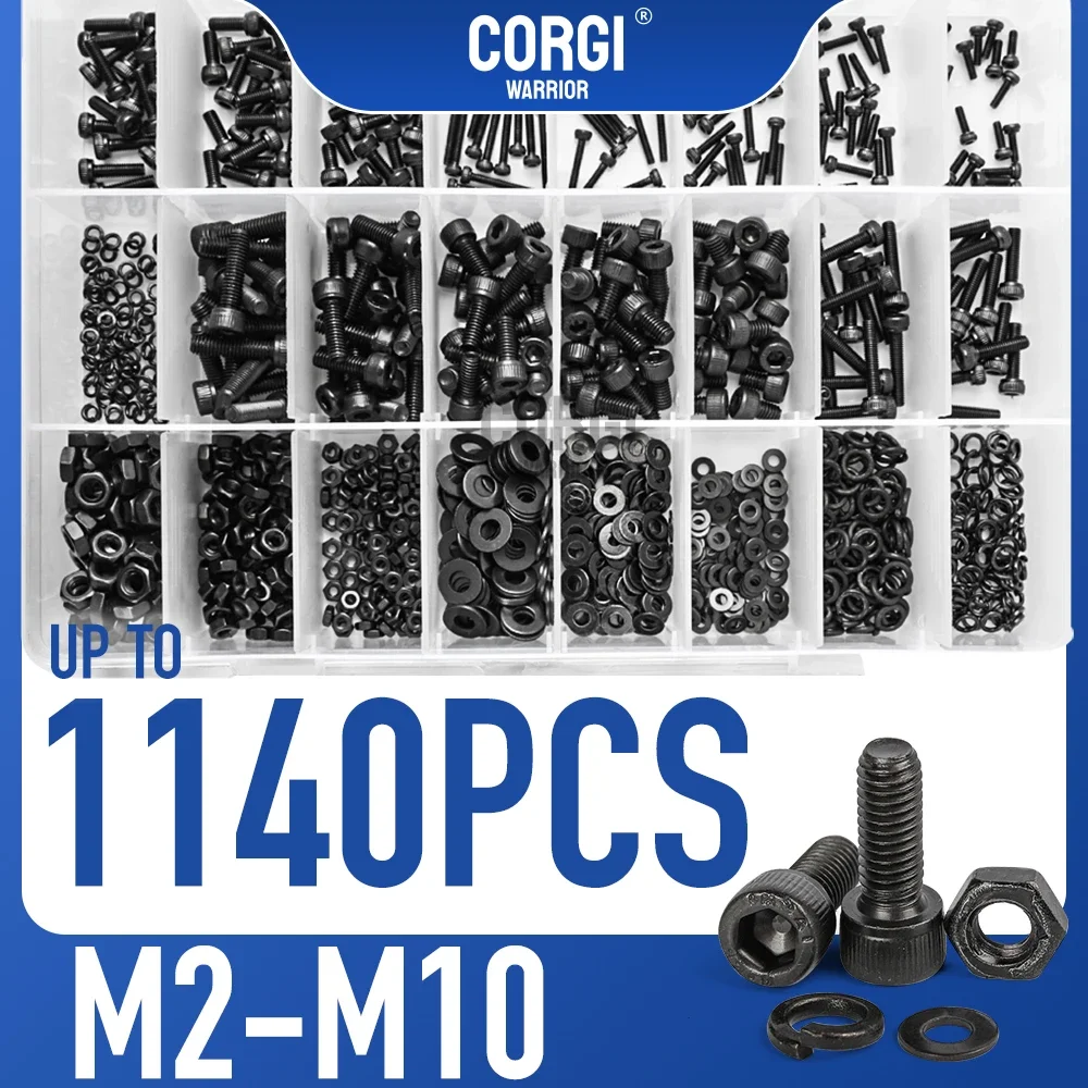 Up to 1140 Black Hex Socket Cap Head Screws Assortment kit M2 M2.5 M3 M4 M5 M6 M8 M10 12.9 Grade Carbon Steel Allen Bolts Nuts