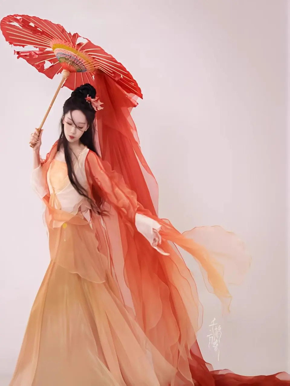 classical-dance-costume-red-koi-lotus-petal-torn-sleeve-720-degree-wide-skirt-performance-clothing-breathable-polyester-skirt