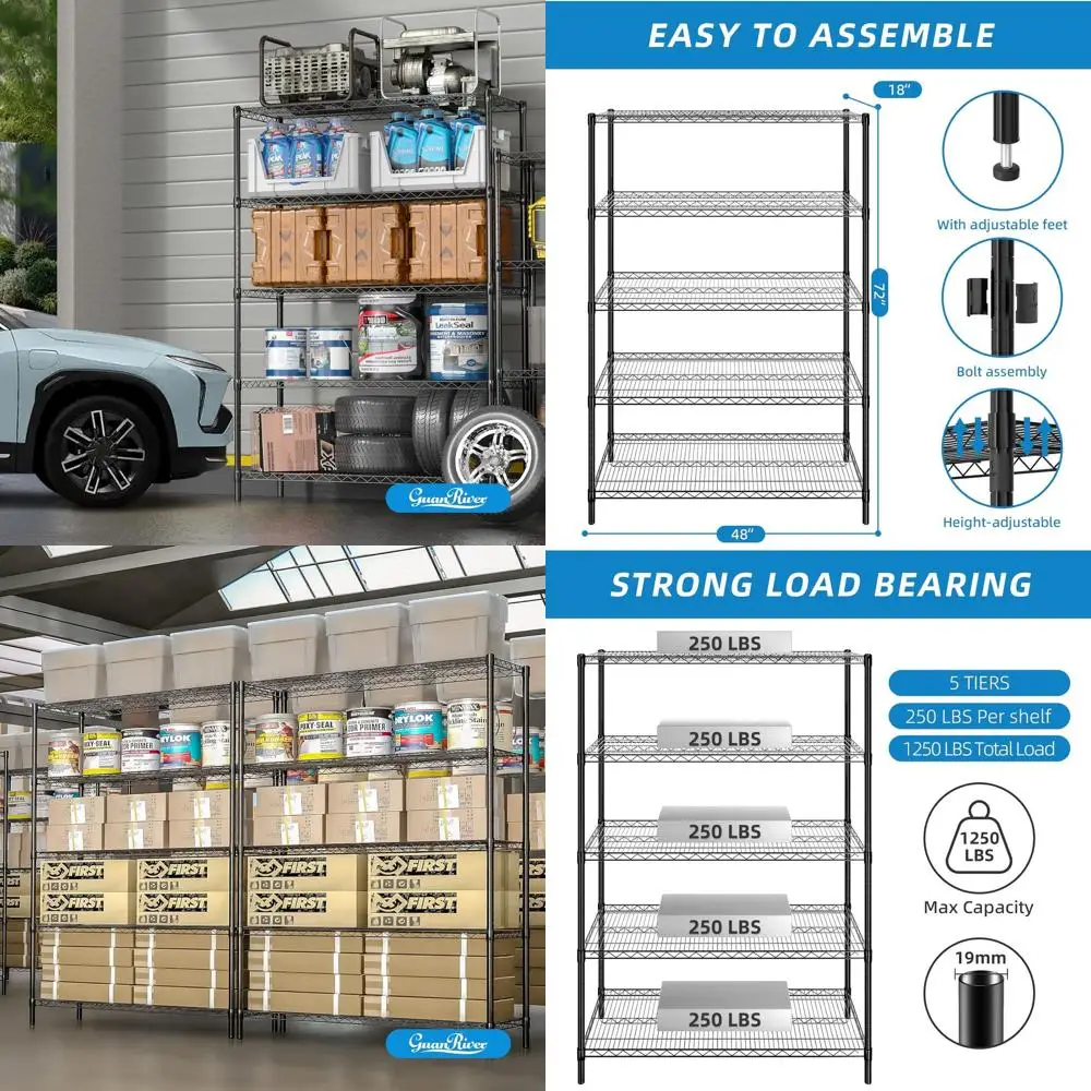 

Сверхмощные регулируемые металлические проволочные полки, стеллаж для хранения на 5 полках для дома и офиса, черный, 48 л x 18 В x 72 часа