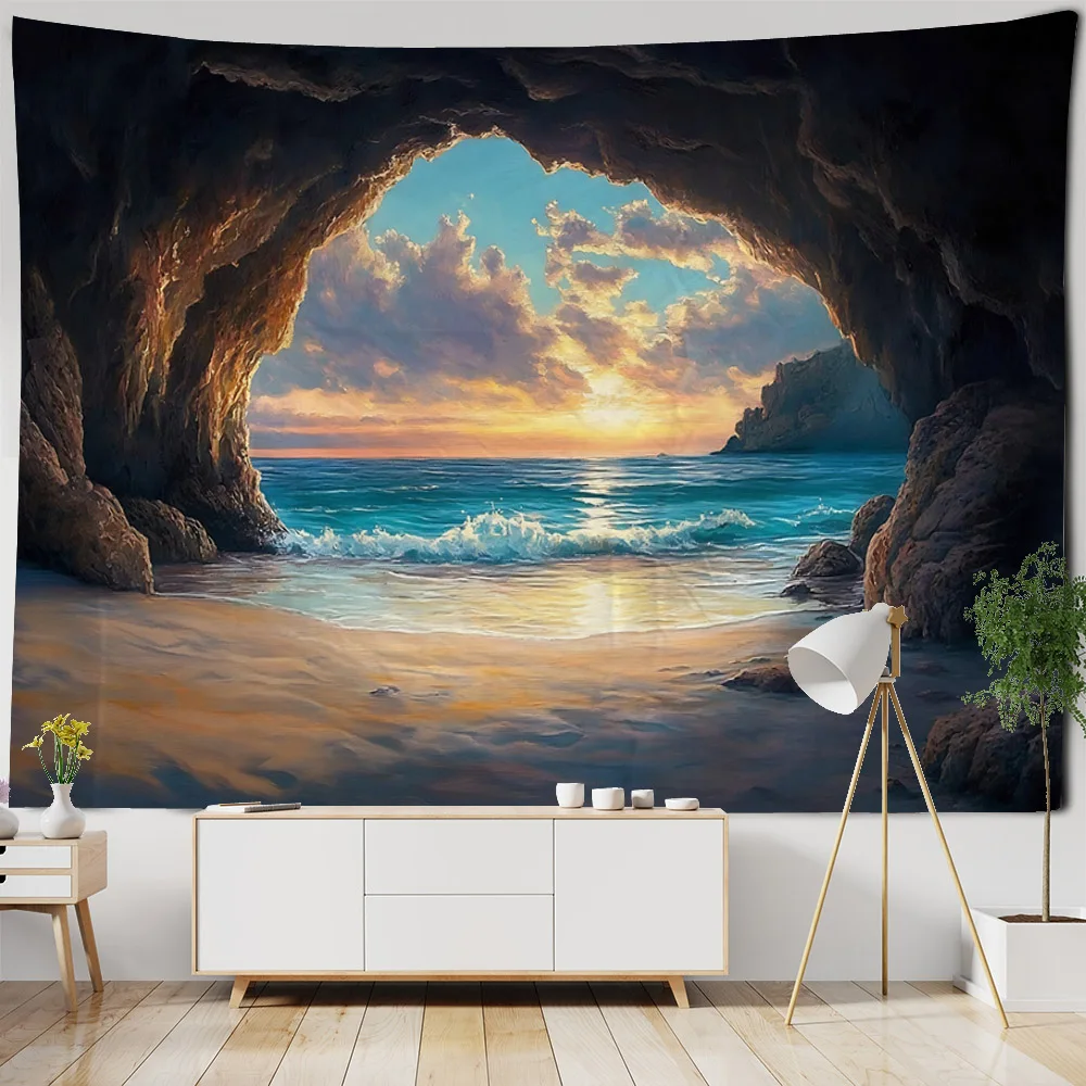 Sea view oil painting tapestry wall hanging living room bedroom office aesthetic decoration mural home background hanging cloth