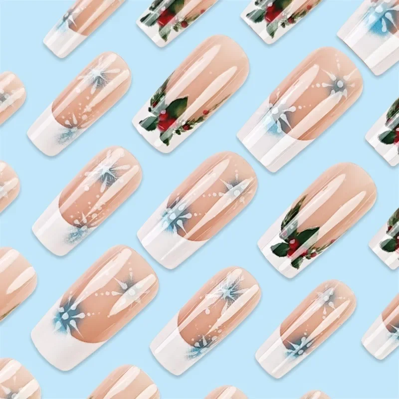 Christmas White Border French Fireworks Pipe Fake Nails Almond  Acrylic Nails Coffin Artificial Fake Nails for Women New Year