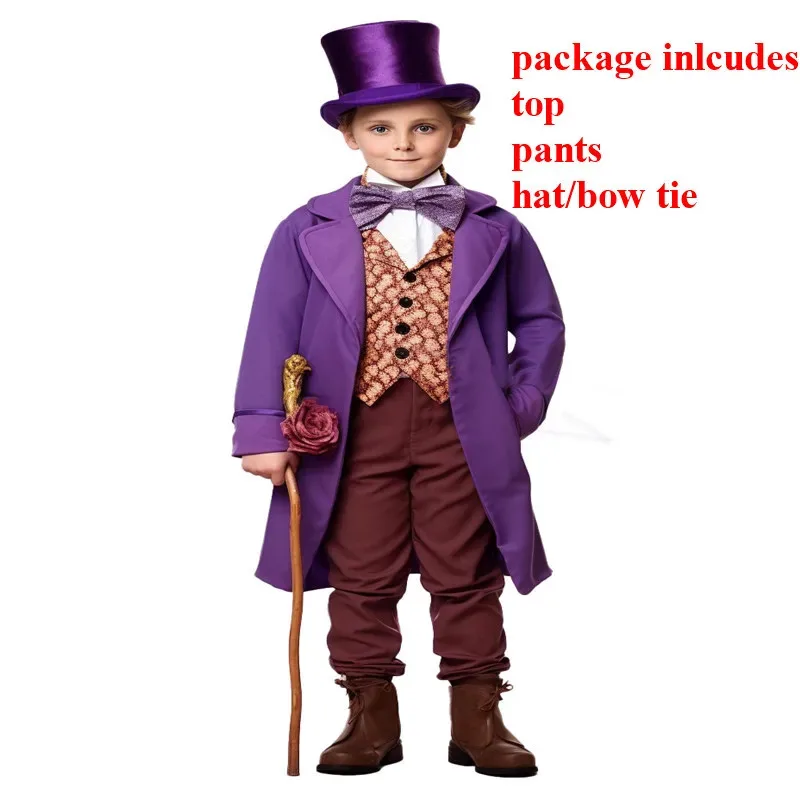 Chocolate Factory Willy Charlie Cosplay Costume Uniform Child Role Play Outfit Full Suit Halloween Masquerade Kid Cloth Jumpsuit
