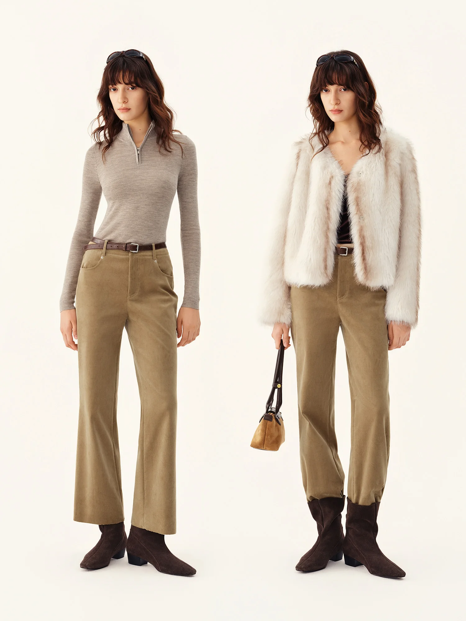 ZIQIAO Women's Vintage Modern Corduroy Cropped Bootcut Pants Thickened Warm Casual Trousers New Arrival Winter 2026 Bottoms