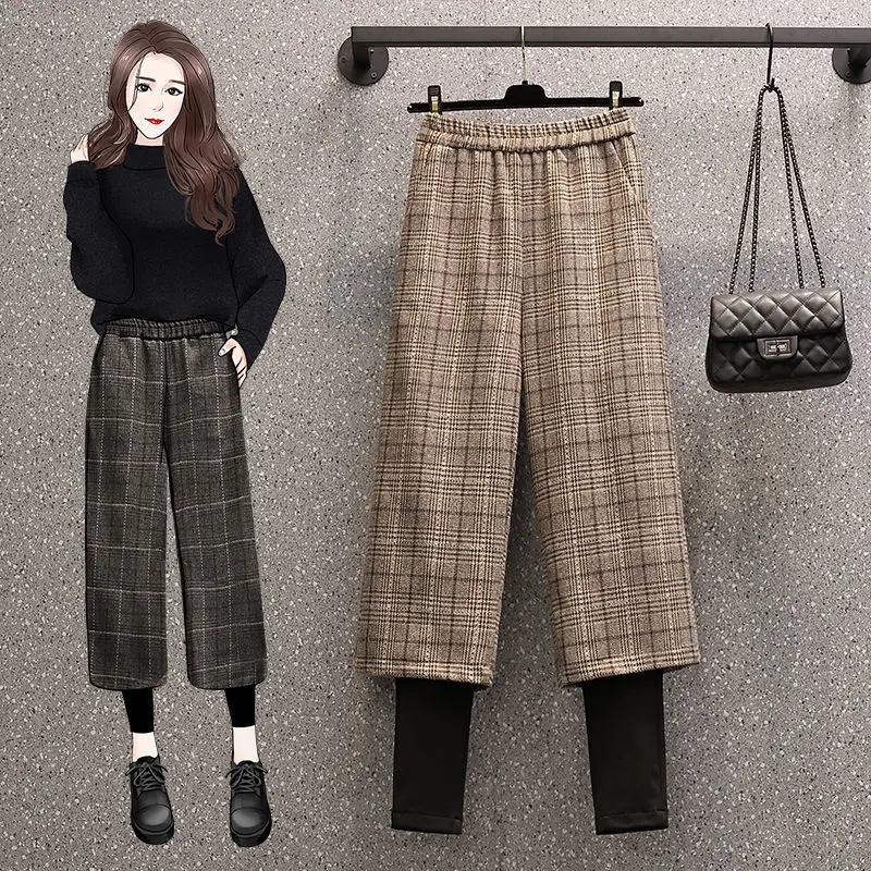Nuevos pantalones largos informales de pierna ancha para mujer de primavera, pantalones falsos de dos piezas a cuadros de lana a la moda y terciopelo