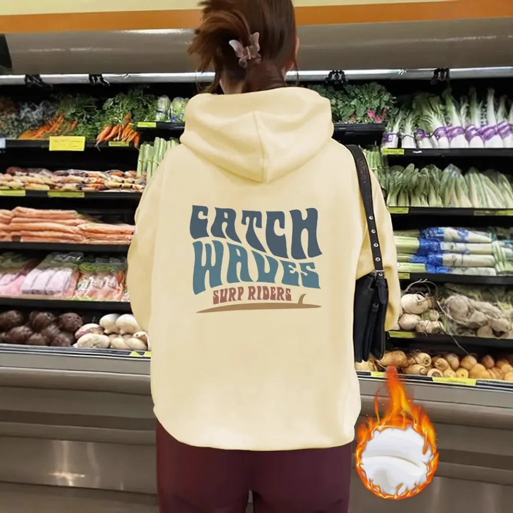 เสื้อสเวตเตอร์ผู้หญิงสไตล์ยุโรปและอเมริกา สำหรับฤดูใบไม้ร่วงและฤดูหนาว มีฮู้ด บุขนแกะ หนา แขนยาว สวมใส่สบายๆ  ลายคลื่น