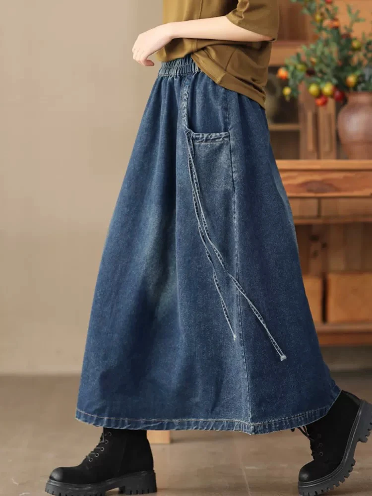 Women Denim Skirt Y2k Clothes Elastic Waist Long Skirt Harajuku Fashion Vintage Solid A-line Loose Jean Skirt Woman