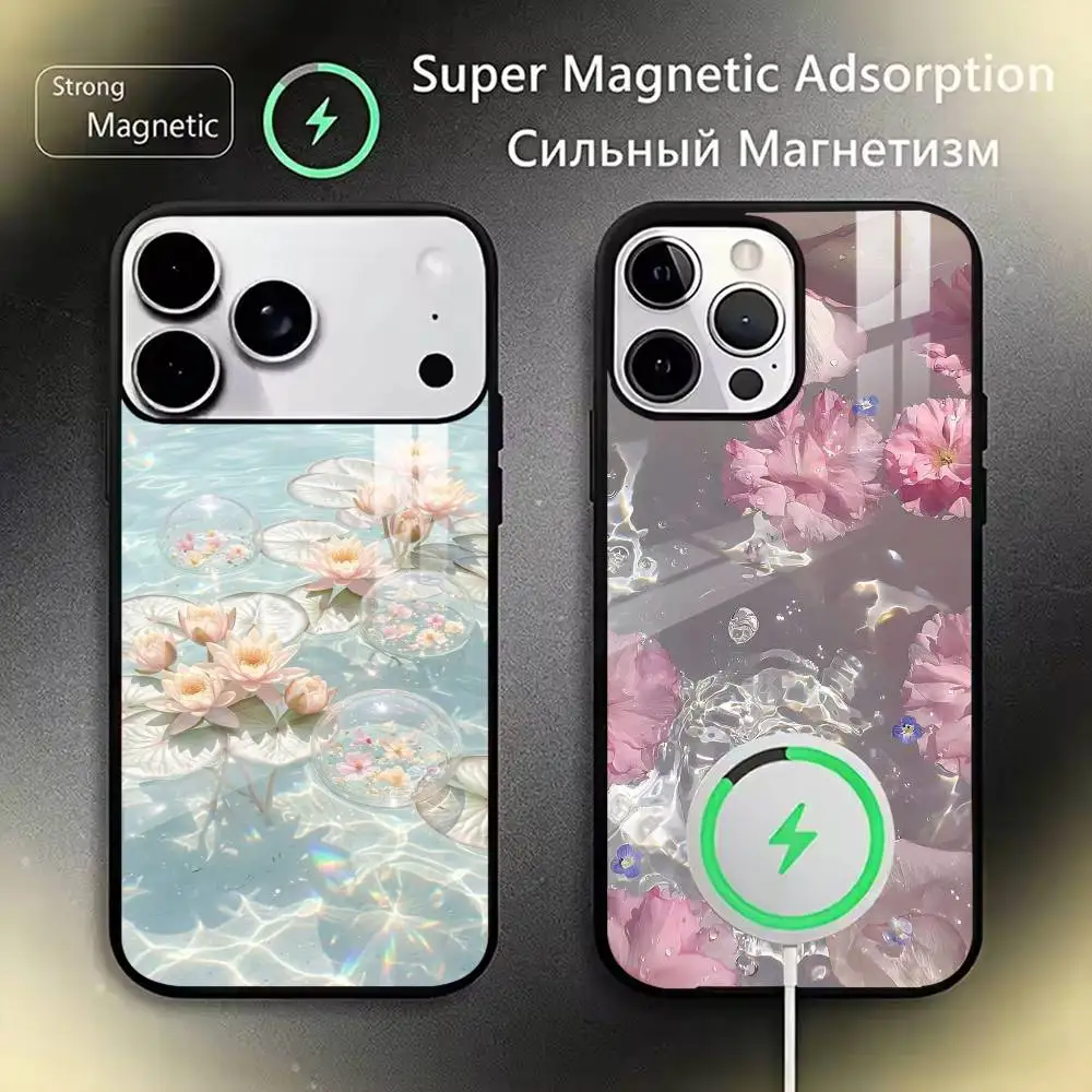 

Aesthetic Pink Water Lily Bubble Phone Case For iPhone17,16,15,14,13,12,11 Plus,Pro Magnetic with Magsafe Wireless Charging
