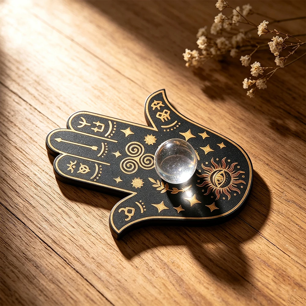 Hamsa-Hand Holzständer für Räucherstäbchen, Basis für Kristallkugeln und Polierte Steine, Sammlerstück, spirituelle Dekoration für Zuhause, Geschenk – Detail 4
