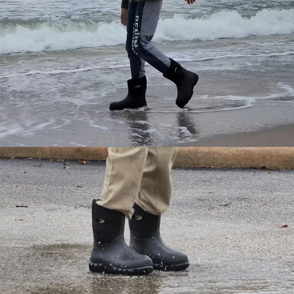 Children's Fleece-Lined Warm Snow Boots Winter Waterproof Wear-Resistant Mid-Calf Anti-Slip Rain Boots for Outdoor CS Sports