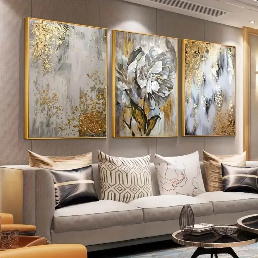 Pintura de diamante abstracta, flores blancas doradas, bricolaje, taladro redondo cuadrado completo, mosaico bordado, tríptico, imagen Floral de diamantes de imitación