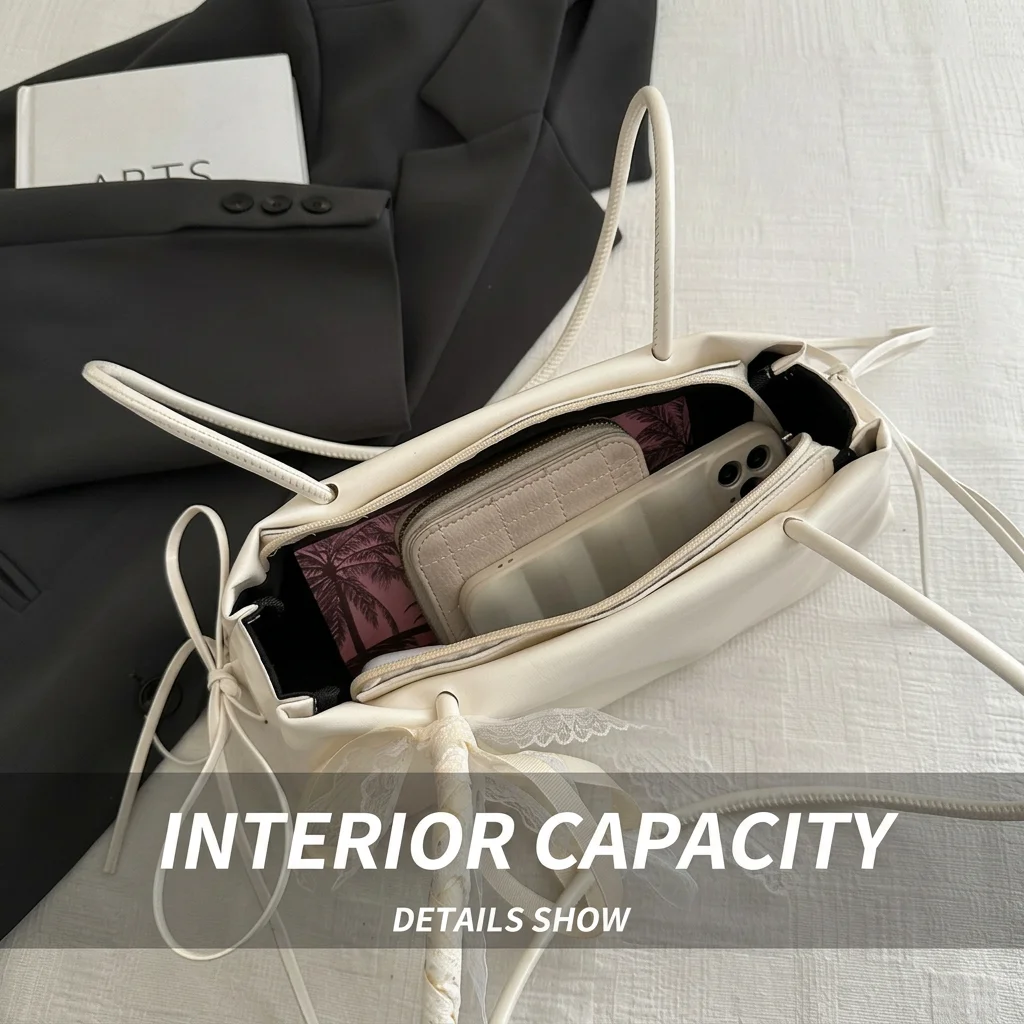 Lace Bow Handbag Trendy Minimalist  Bag Women'S Pu Shoulder Bag Quality Casual Daily Bag For Korean Working Office