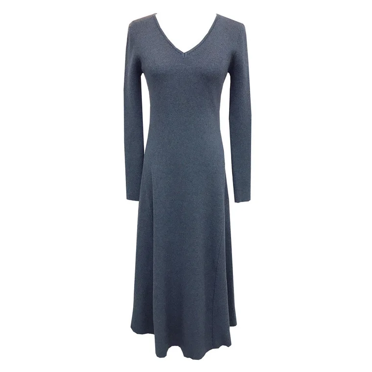 7385 otoño nuevo Melad estilo minimalista falda acampanada drapeada de gama alta Color sólido cuello en V vestido de punto de manga larga