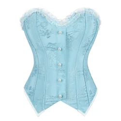 Sexy Sky Blue Vintage Jacquard Overbust Corset Pearl Buttons Lace Decorative Side Zipper Body Shaper Bustiers Tops