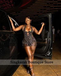 Sexy Black Short Prom Dress For Black Girls Halter Luxury Cocktail Dress Bead Diamonds Crystals Birthday Party Dress Customized