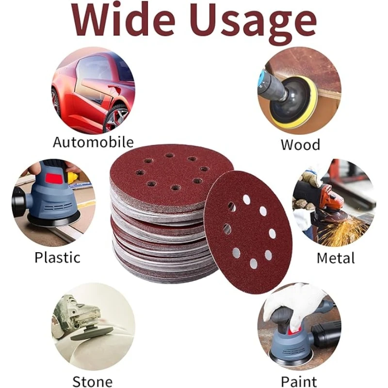 10/30/50PCS 8 Lubang 125mm Amplas Kayu Logam Cakram Gerinda Abrasif Alat Poles 60 80 220 320 Grit Cakram Pengamplas