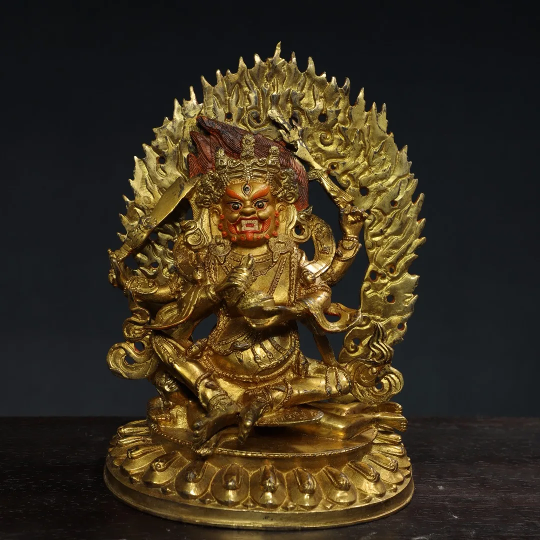 

8"Tibetan Temple Collection Old Bronze Gilding Cinnabar Painted Six Arms Mahakala Backlight Buddha Yamantaka Worship Hall