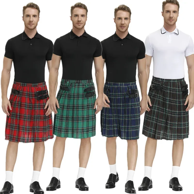 Men Scotland Kilt Traditional Plaid Belt Pleated Bilateral Chain Gothic Punk Hip-hop Avant Garde Scottish Tartan Trousers Skirts