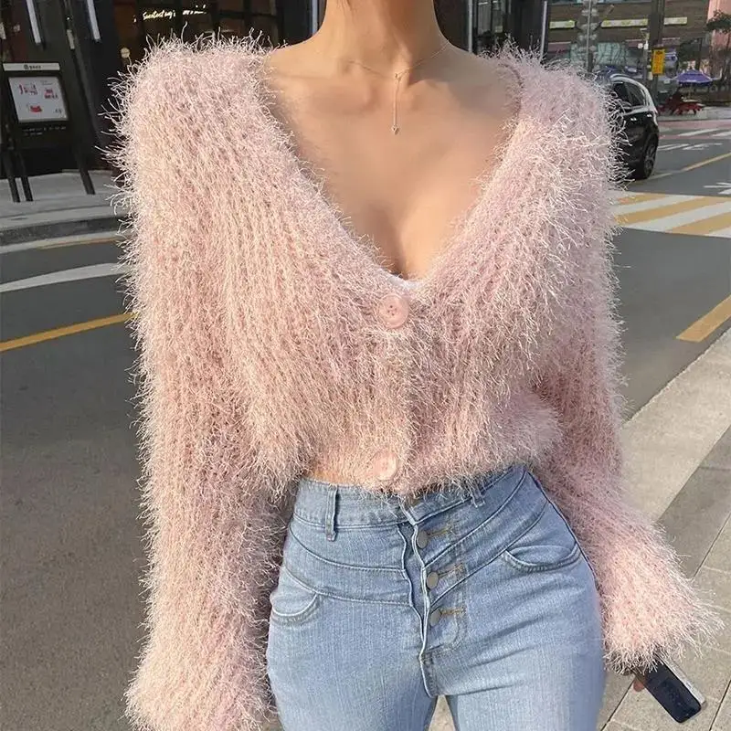 Autumn and Winter Elegant Temperament Sexy Sweet V-neck Mohair Soft Waxy Short Knitted Cardigan Sweater for Women