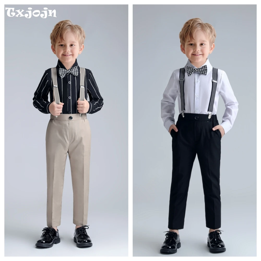 

Txjojn New Casual Kids Suit Set 4 Pieces Shirt Pants Straps Bow-tie For Choir Performances Elegant Boys Suits Wedding Party