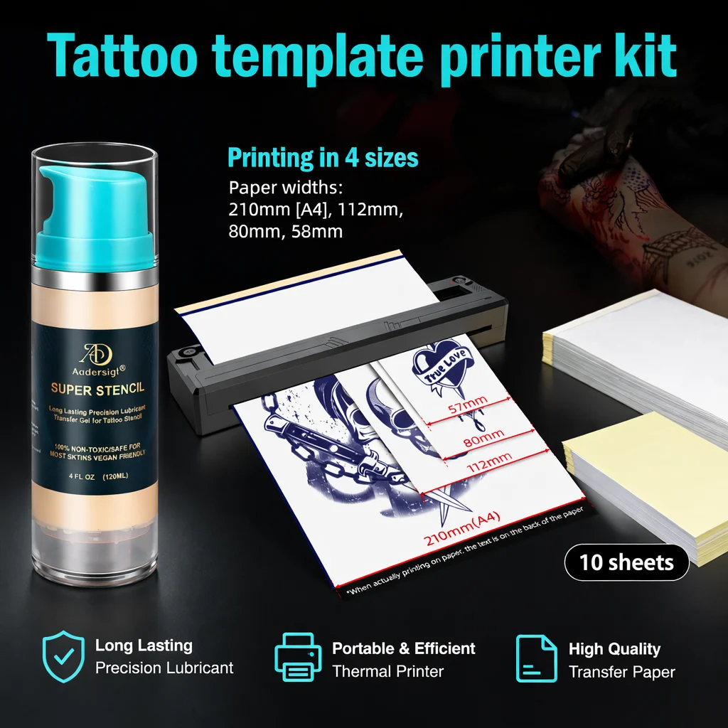 

Набор для печати татуировок Audersigt: беспроводной термопринтер, 10 листов трансферной бумаги и гель для переноса изображений.