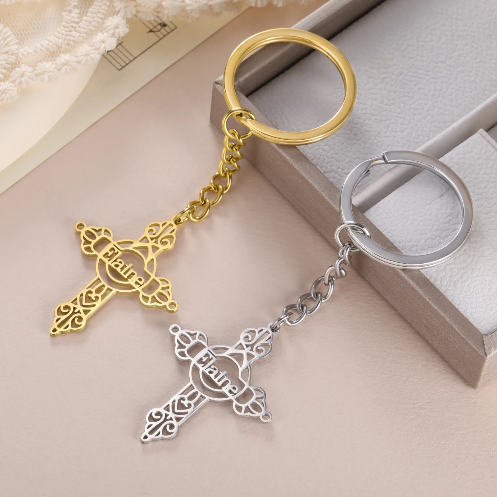 Lemegeton Custom Name Cross Keychain for Women Men Stainless Steel Pendant Personalized Key Chain Valentine's Day New Year Gifts