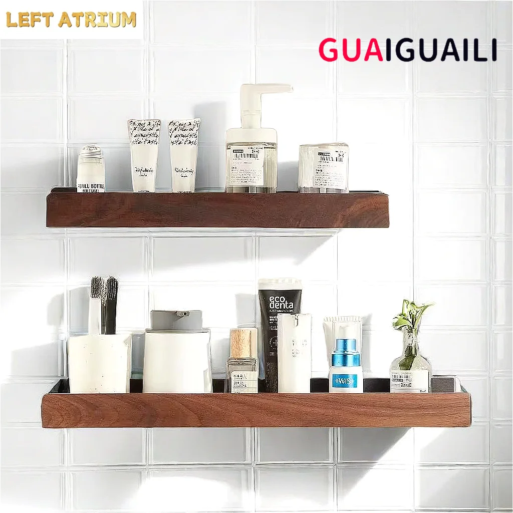 Bathroom wall Shelf，No punch storage rack，Wooden bathroom shelves for  bathroom organizer，bathroom shelf without drilling